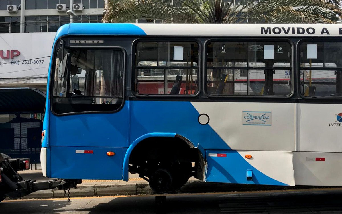 Roda de ônibus se solta e atinge porta de loja no Centro de Campinas Campinas e Região G1