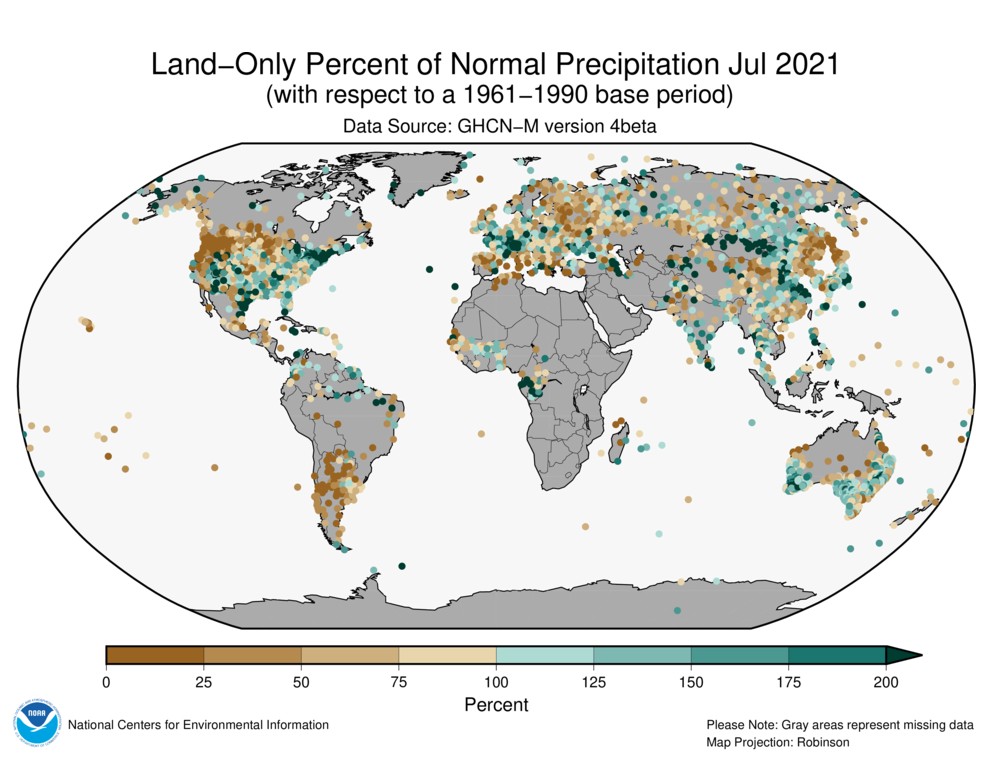 Porcentagens de precipitação em comparação com o normal (Foto: NOAA)