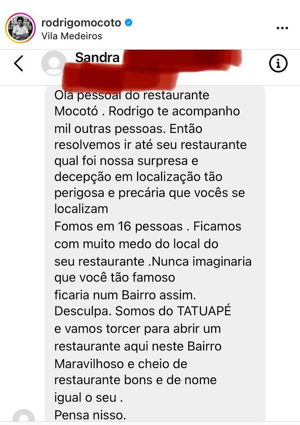 Chef de cozinha do 'Mocotó' rebate crítica de cliente sobre localização de restaurante na Zona Norte de SP — Foto: Reprodução