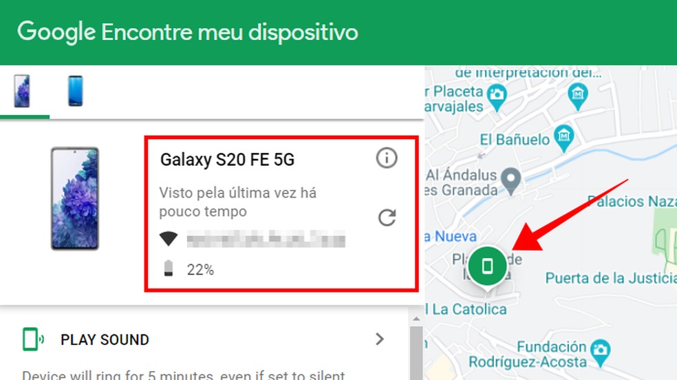 Confira os dados básicos do celular, clique no "i" para ver o IMEI e veja a posição do aparelho no mapa — Foto: Reprodução/Paulo Alves