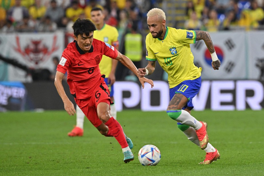 Brazil's forward #10 Neymar is challenged by South Korea's midfielder #06 Hwang In-beom during the Qatar 2022 World Cup round of 16 football match between Brazil and South Korea at Stadium 974 in Doha on December 5, 2022