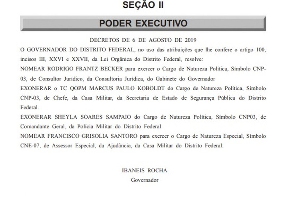 Ibaneis exonera a comandante da PM e o chefe da Casa Militar do DF — Foto: Diário Oficial DF/Reprodução