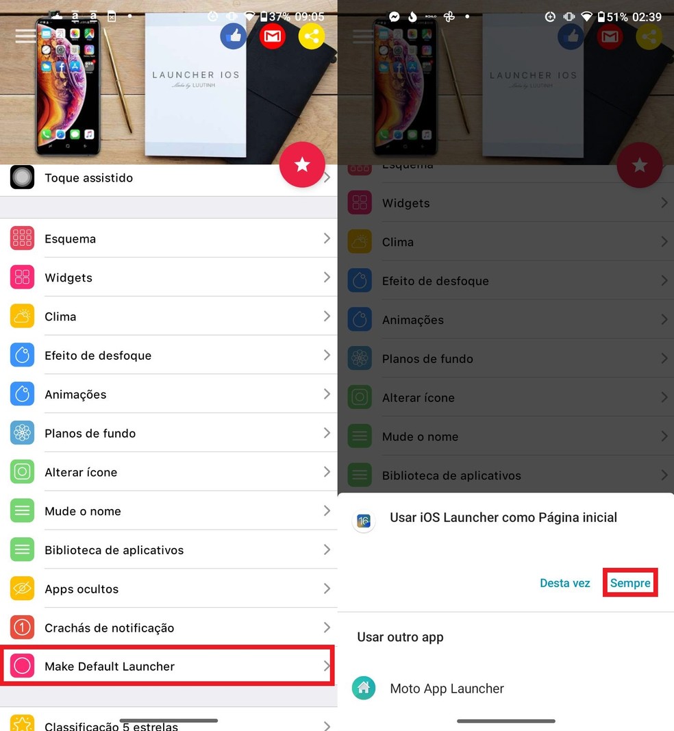 Selecione o Launcher do iOS 16 como app padrão para deixar o Android igual ao iPhone — Foto: Reprodução/Clara Fabro