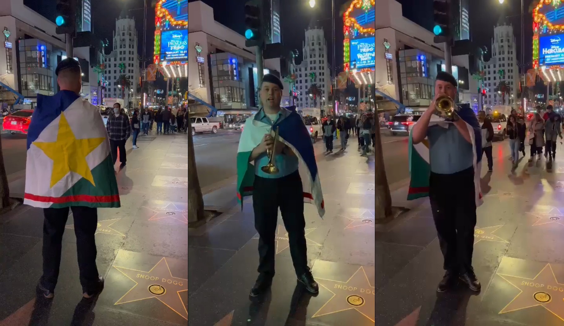 VÍDEO: PM fardado e com bandeira como manto toca hino de Roraima na Calçada da Fama de Hollywood