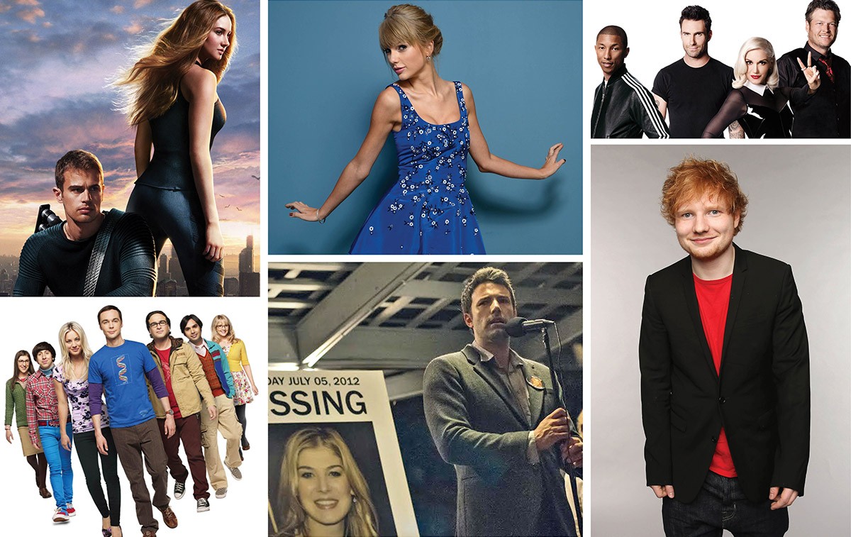 'Divergente', 'The Big Bang Theory'; Taylor Swift, 'Garota Exemplar', 'The Voice' e Ed Sheeran estão entre os premiados no People's Choice Awards (Foto: Divulgação / Getty Images)