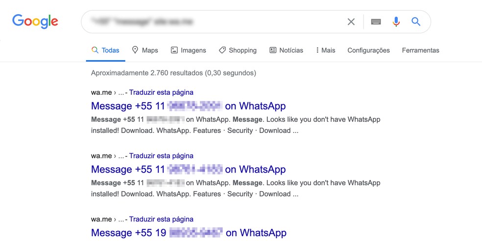 Google indexa links para números brasileiros do WhatsApp — Foto: Reprodução/TechTudo