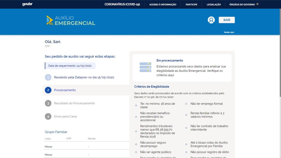 Nome de Sari Corte Real constava na lista de espera pelo pagamento do auxílio emergencial durante a pandemia — Foto: Reprodução/Internet