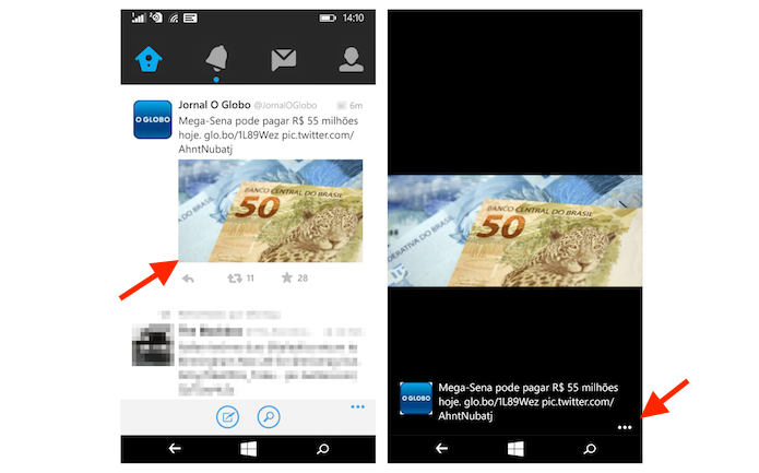 Abrindo uma imagem do Twitter em tela cheia no Windows Phone para acessar as opções de download (Foto: Reprodução/Marvin Costa)