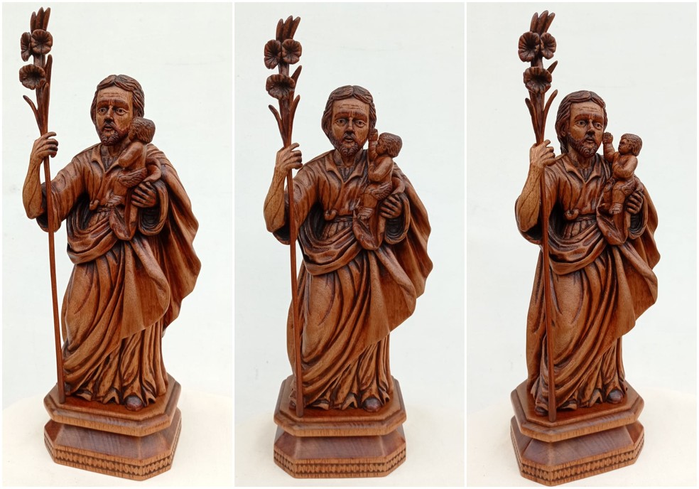 Escultura de São José entregue ao Papa Francisco tem 38 centímetros de comprimento e foi feita por artista cearense em 25 dias. — Foto: Arquivo pessoal