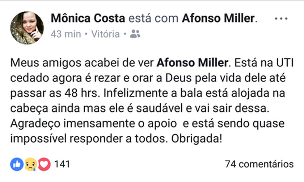 Mãe de soldado baleado em Vila Velha pede orações pelo filho (Foto: Reprodução/ Facebook)
