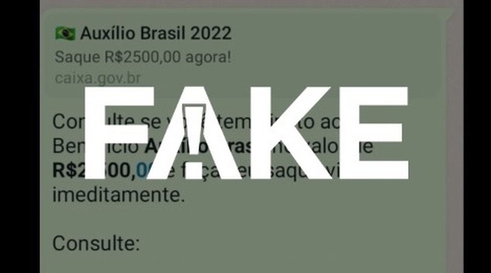 É #FAKE mensagem que promete saque de R$ 2,5 mil do Auxílio Brasil — Foto: Reprodução