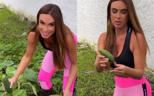 Nicole Bahls colhe vegetais em sua horta: "Eita, que pepinão babado"