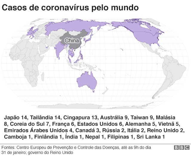 Mapa mostra onde estão os casos da doença até agora (Foto: BBC)