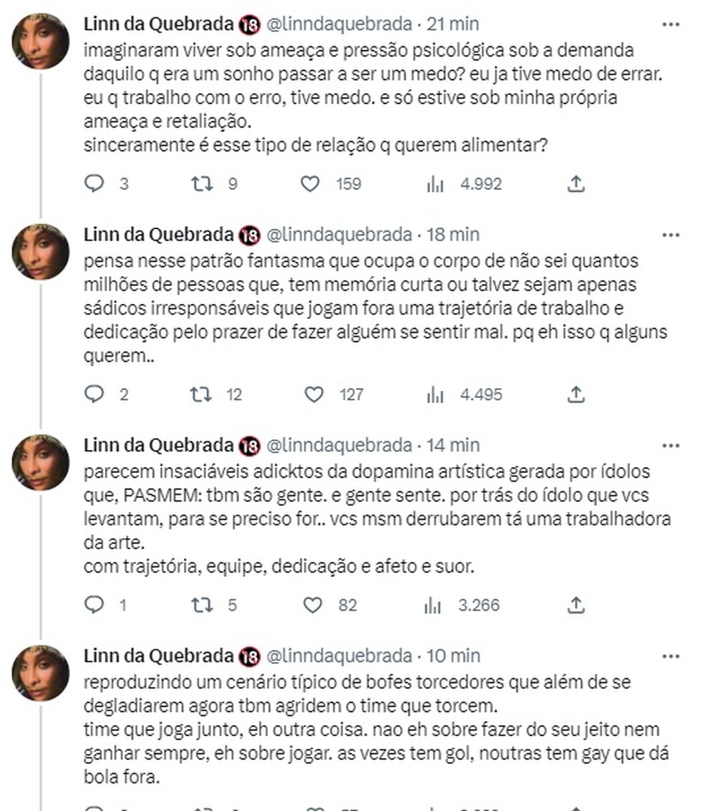 Thread de Linn da Quebrada &mdash; Foto: Reprodu&ccedil;&atilde;o/Twitter