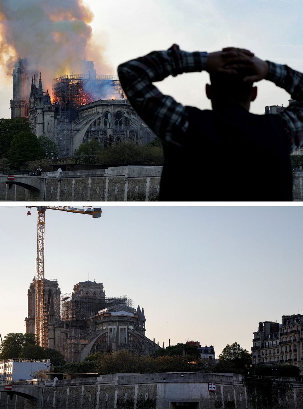 Combinação de fotos mostra a Catedral de Notre Dame de Paris durante o incêndio, em 15 de abril de 2019, e um ano depois, em 13 de abril de 2020 — Foto: Geoffroy Van Der Hasselt/AFP 