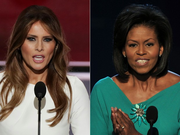 Melania Trump, durante convenção republicana em 2016, e Michelle Obama, na convenção democrata de 2008 (Foto: PAUL J. RICHARDS ALEX WONG / AFP)