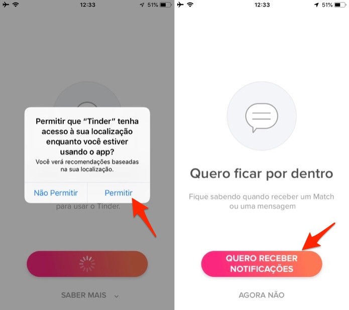 Ação para permitir uso da localização e para ativar notificações do Tinder (Foto: Reprodução/Marvin Costa) Ação para permitir uso da localização e para ativar notificações do Tinder (Foto: Reprodução/Marvin Costa)