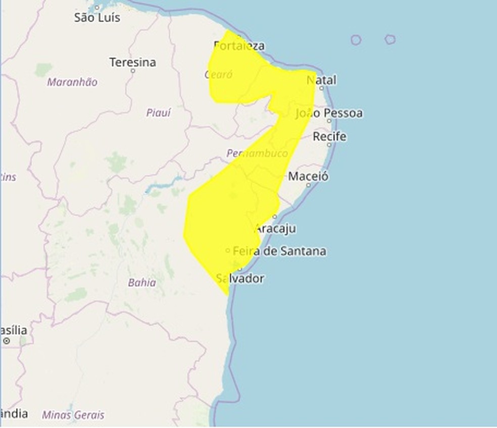Inmet emitiu alerta de chuvas fortes em 136 cidades do Rio Grande do Norte — Foto: Reprodução/Site do Inmet