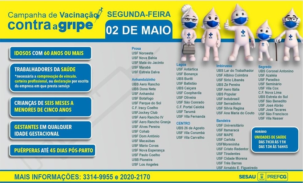 Calendário vacinal contra a gripe desta segunda-feira (2). — Foto: PMCG/Divulgação