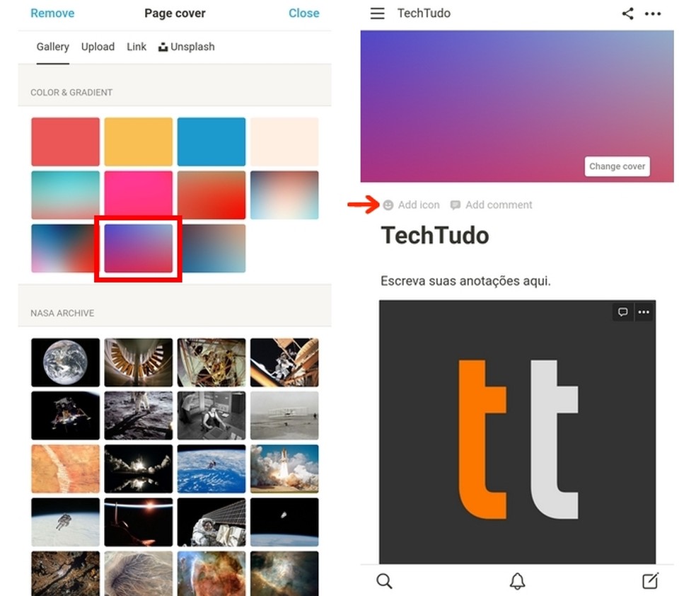 Seleção de capa para a página entre as opções do Notion templates — Foto: Reprodução/Raquel Freire