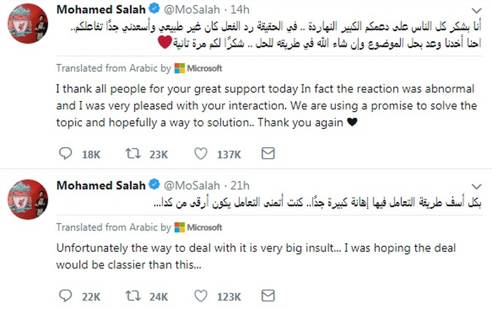 Posts de Salah com desabafo e depois agradecimento ao apoio no caso e esperança de solução (Foto: Reprodução de Twitter)