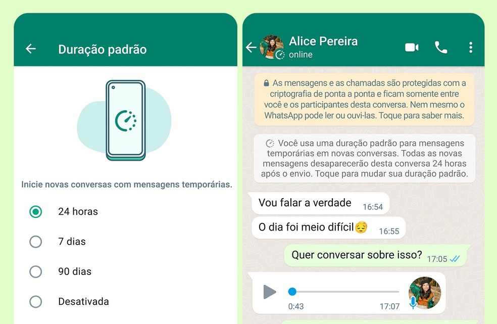 Recurso do WhatsApp para ativar mensagens temporárias por padrão — Foto: WhatsApp