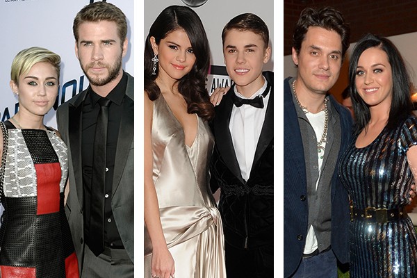 Miley Cyrus e Liam-Hemsworth, Selena Gomez e Justin Bieber, John Mayer e Katy Perry (Foto: Getty Images)