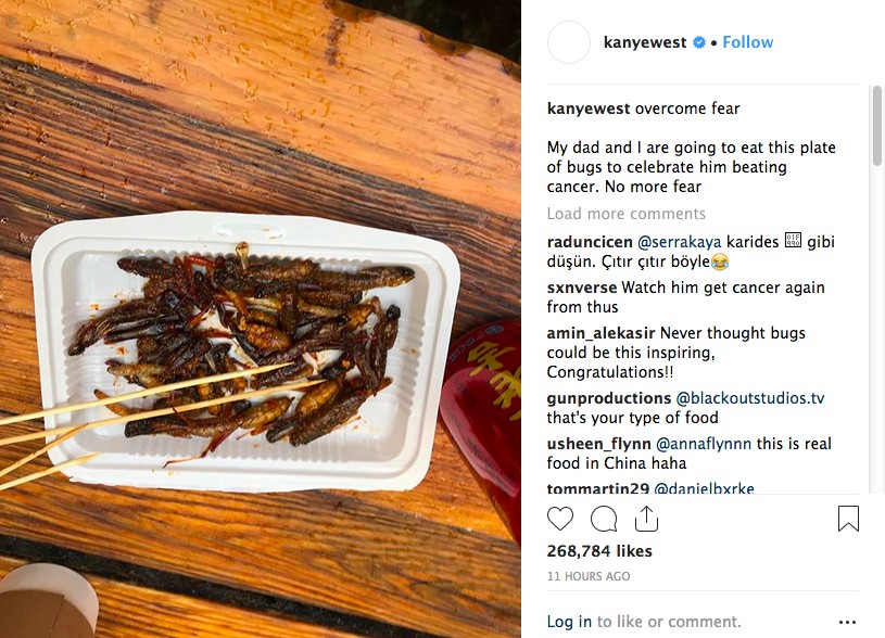 O post no qual Kanye West mostra o prato de insetos comido por ele e o pai (Foto: Instagram)