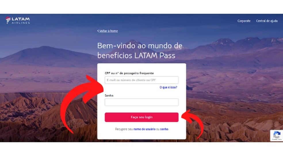 Faça o login no site do Latam Pass — Foto: Reprodução/Lívia Dâmaso