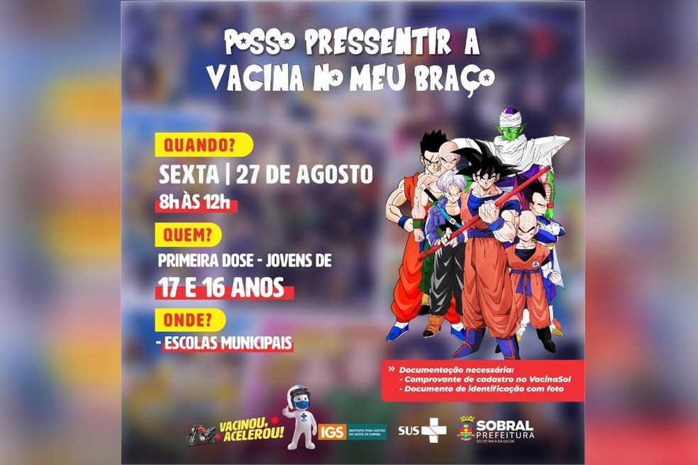 Sobral utiliza referência do anime Dragon Ball para anunciar vacinação de adolescentes, no Ceará. — Foto: Prefeitura de Sobral/Reprodução