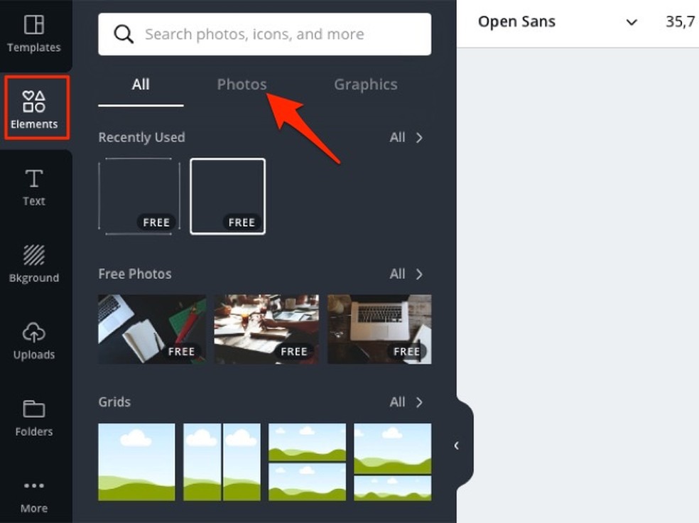 Ação para visualizar fotos livres de direitos autorais para usar em um modelo de cartaz do serviço online Canva — Foto: Reprodução/Marvin Costa