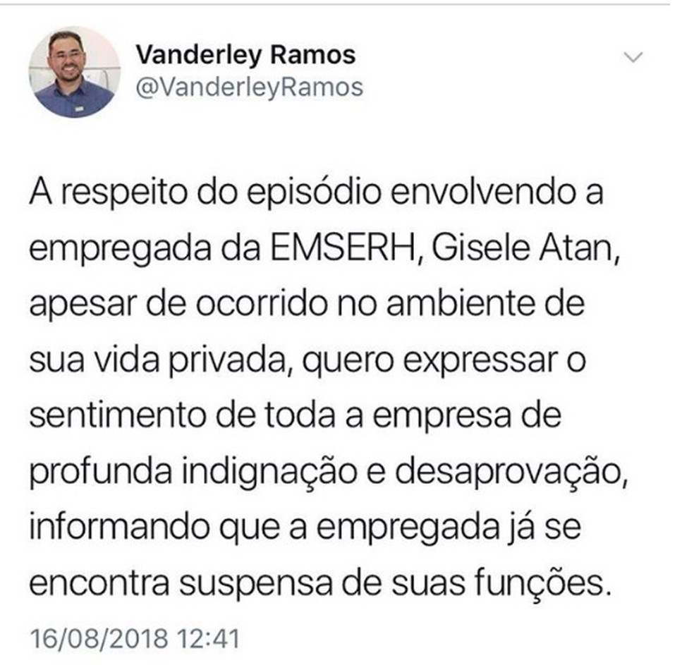 O presidente da EMSERH, Vanderley Ramos, anunciou o afastamento da enfermeira Gisele Atan (Foto: Reprodução/Twitter)