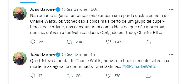 João Barone lamenta morte de Charlie Watts (Foto: Reprodução Twitter)