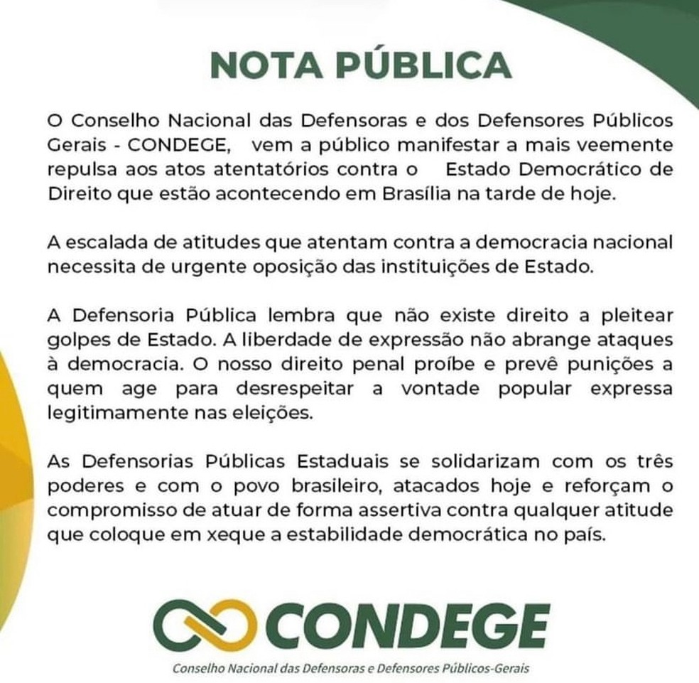 Condege se manifesta contra atos golpistas em Brasília — Foto: Foto: Reprodução/Redes Sociais