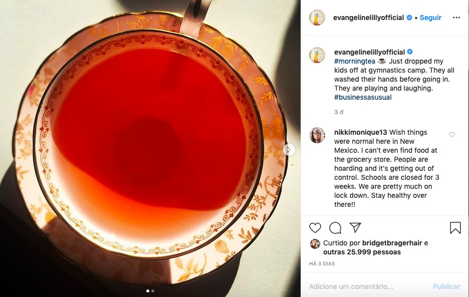 O post no qual a atriz Evangeline Lilly expôs sua decisão de não seguir as recomendações de isolamento para controlar o coronavírus (Foto: Instagram)