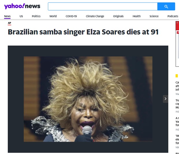 Morte de Elza Soares repercute no Yahoo News (Foto: Reprodução)
