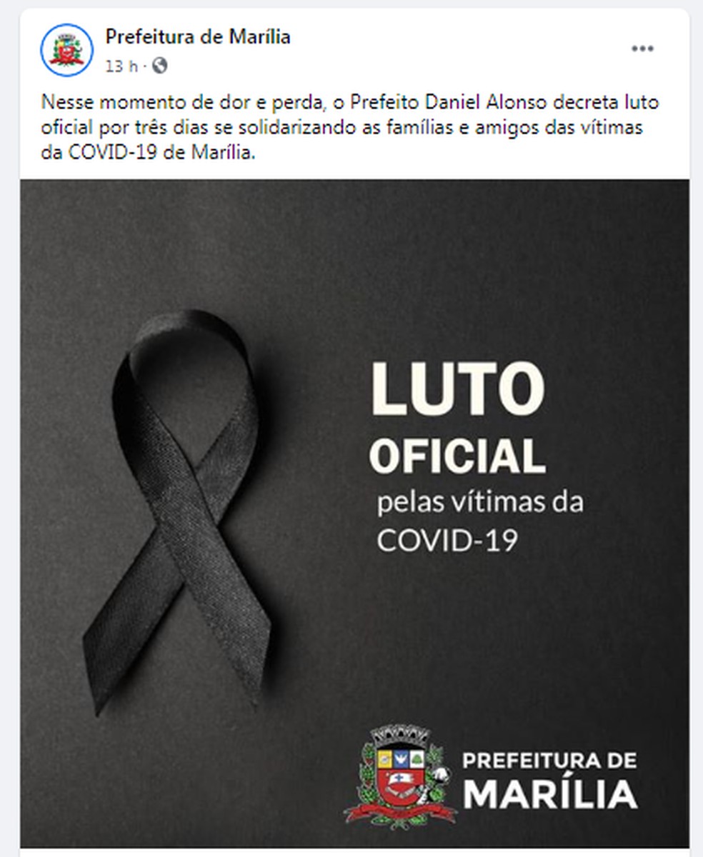 Prefeitura de Marília decretou luto oficial por causa das mortes por Covid-19 — Foto: Prefeitura de Marília/Divulgação
