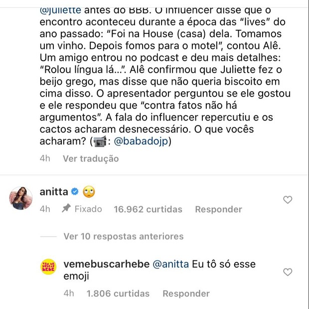 Anitta comenta em post sobre Alê e Juliette no Instagram (Foto: Reprodução/Instagram)