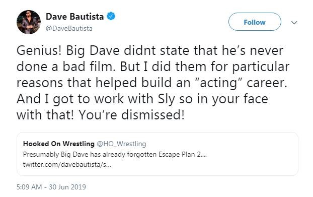 Dave Bautista responde a usuário do Twitter após causar polêmica declarando que os filmes de Velozes e Furiosos são ruins (Foto: Reprodução / Twitter)