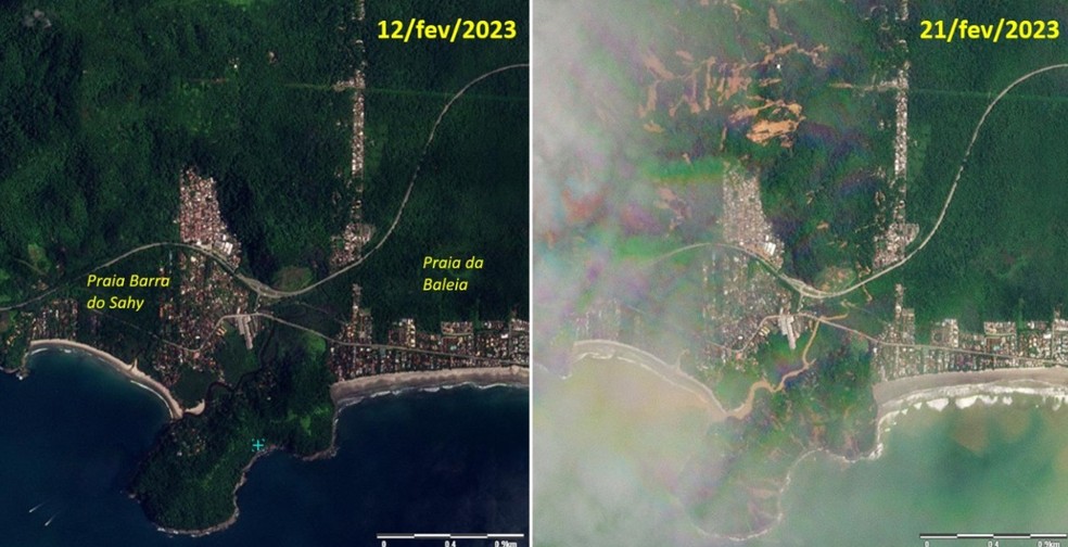 Antes e depois da tragédia em São Sebastião, no Litoral Norte paulista — Foto: Mapbiomas com Planet Scope / Divulgação