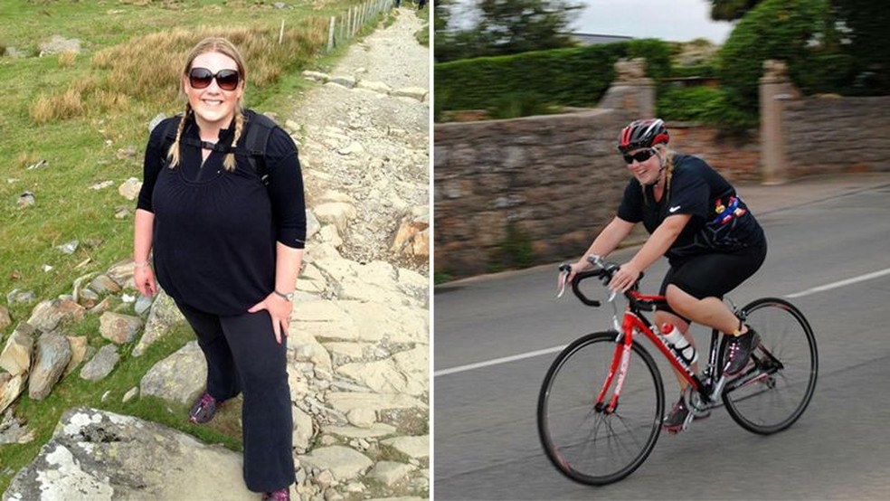 Aos 30 anos, Sarah fez um ano de ginástica com personal trainer e perdeu 55kg — Foto: BBC