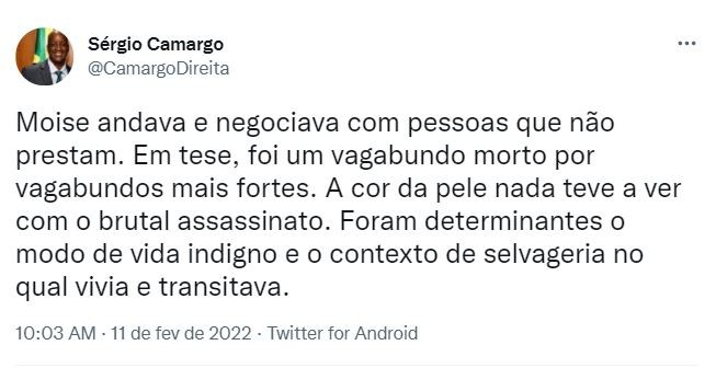 Presidente da Fundação Palmares chama Moïse de 'vagabundo', e OAB diz que estuda medidas