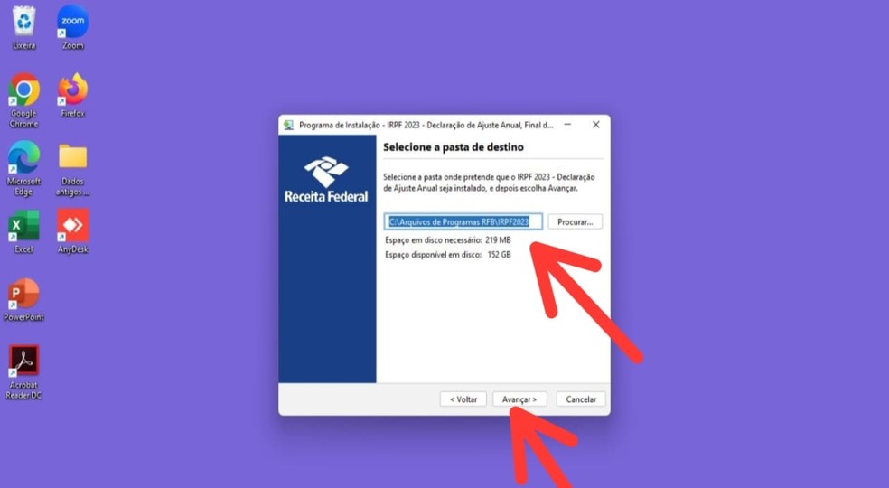 Escolha da pasta de destino do programa do Imposto de Renda 2023 — Foto: Reprodução/Gisele Souza