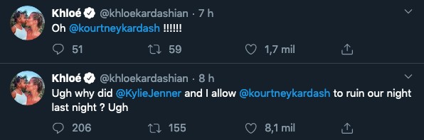 Os tuítes de Khloé Kardashian reclamando das ações de Kourtney Kardashian que teriam arruinado sua noitada pós-Oscar (Foto: Twitter)