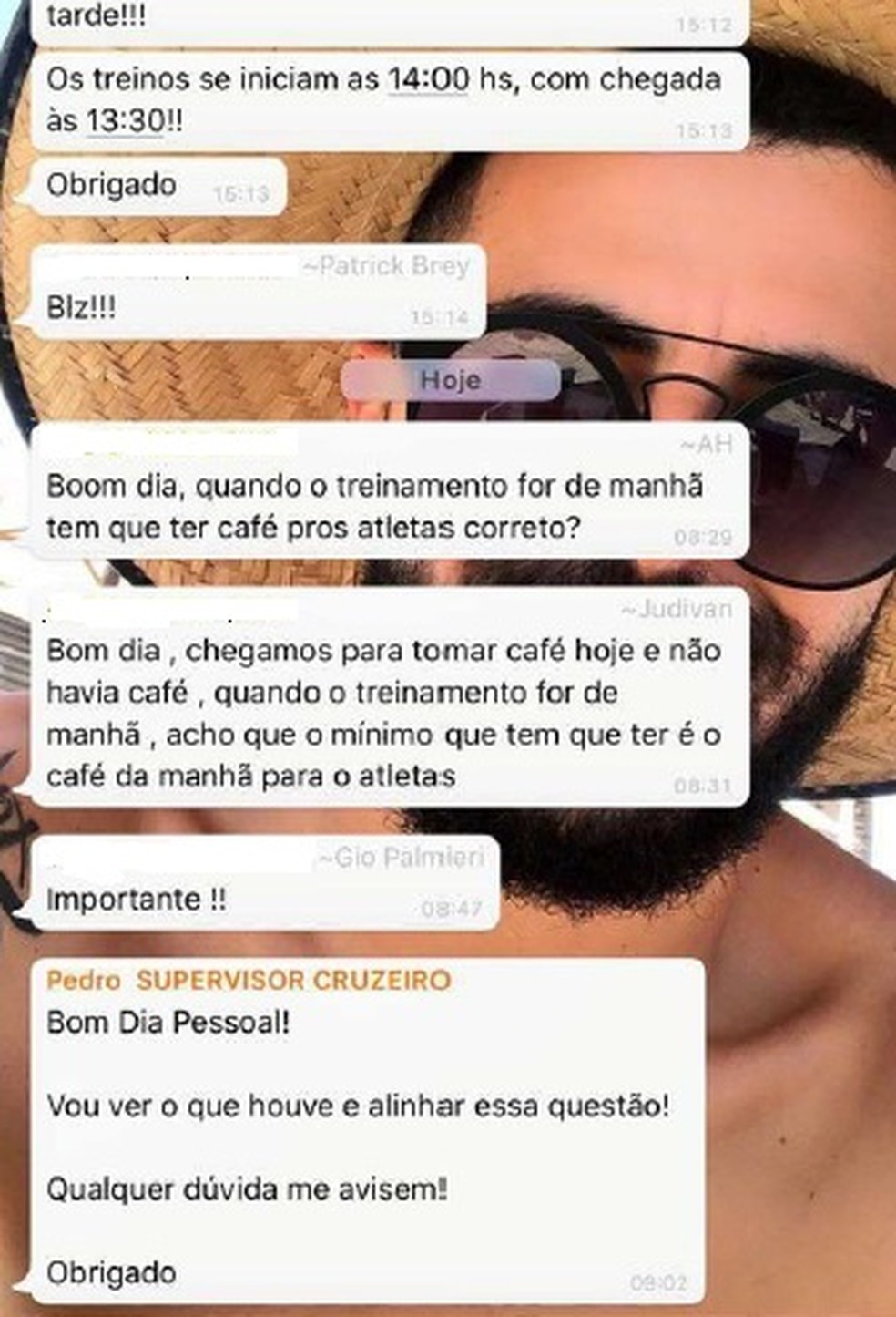Conversa anexada ao processo de João Lucas sobre café da manhã no Cruzeiro ? Foto: Reprodução