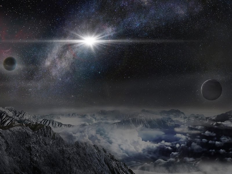 Ilustração representa como a supernova ASASSN-15lh apareceria em um exoplaneta a cerca de 10 mil anos-luz de distância (Foto: Wayne Rosing)