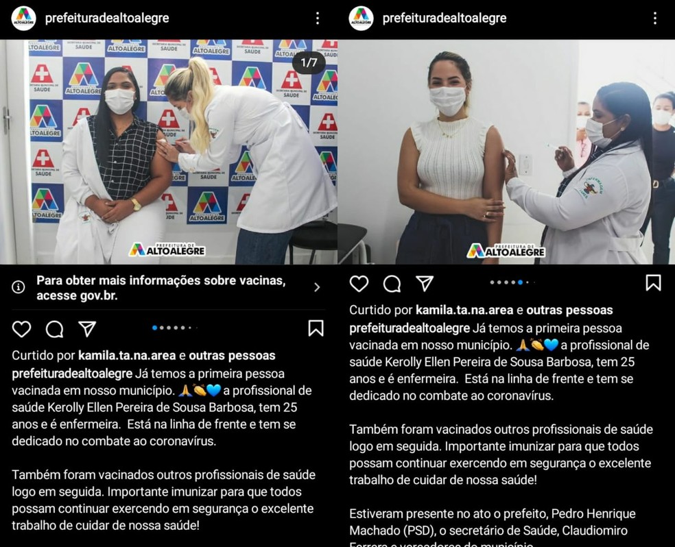 Danyele Negreiros aparece aplicando a primeira dose da Coronavac e também sendo imunizada no perfil da Prefeitura de Alto Alegre — Foto: Reprodução/Instagram/prefeituradealtoalegre