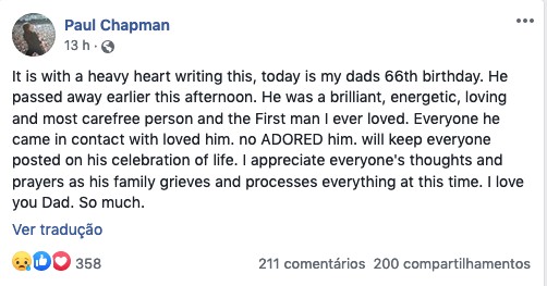 O post do filho do músico Paul Tonka Chapman anunciando a morte do pai (Foto: Facebook)