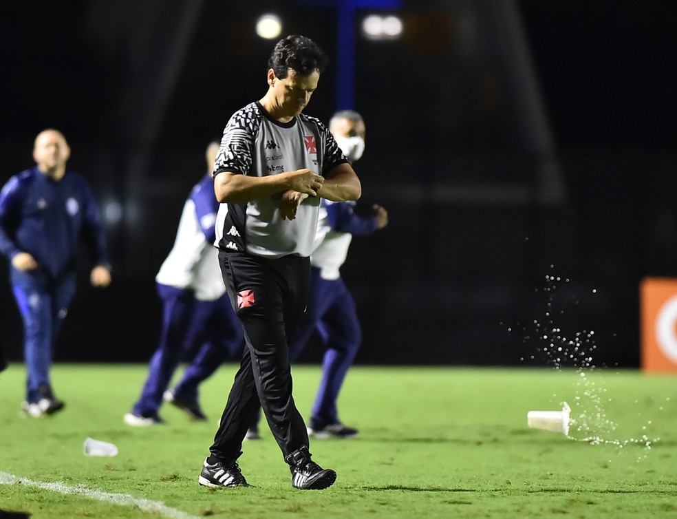 Copo voa ao lado do t�cnico Fernando Diniz em Vasco 1 x 3 CSA � Foto: Andr� Dur�o