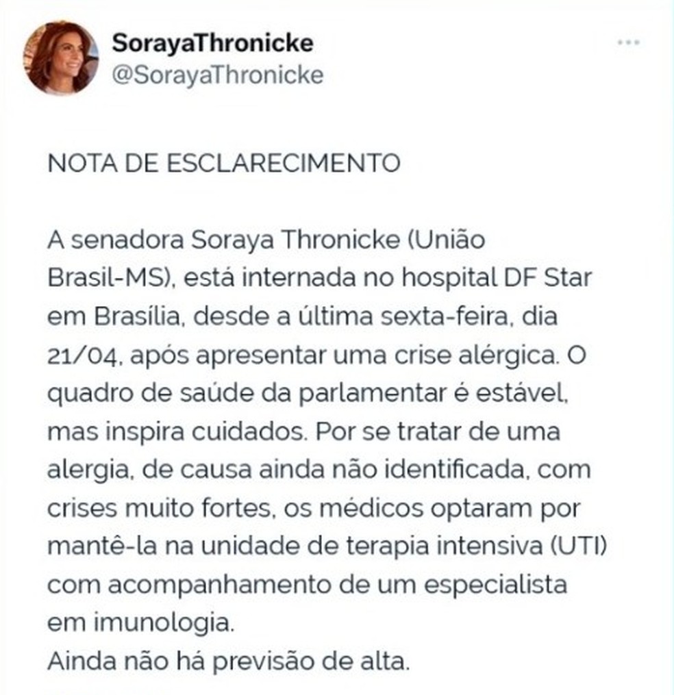 Assessoria de imprensa da Soraya Thronicke informa que ela está internada na UTI — Foto: Twitter/Reprodução
